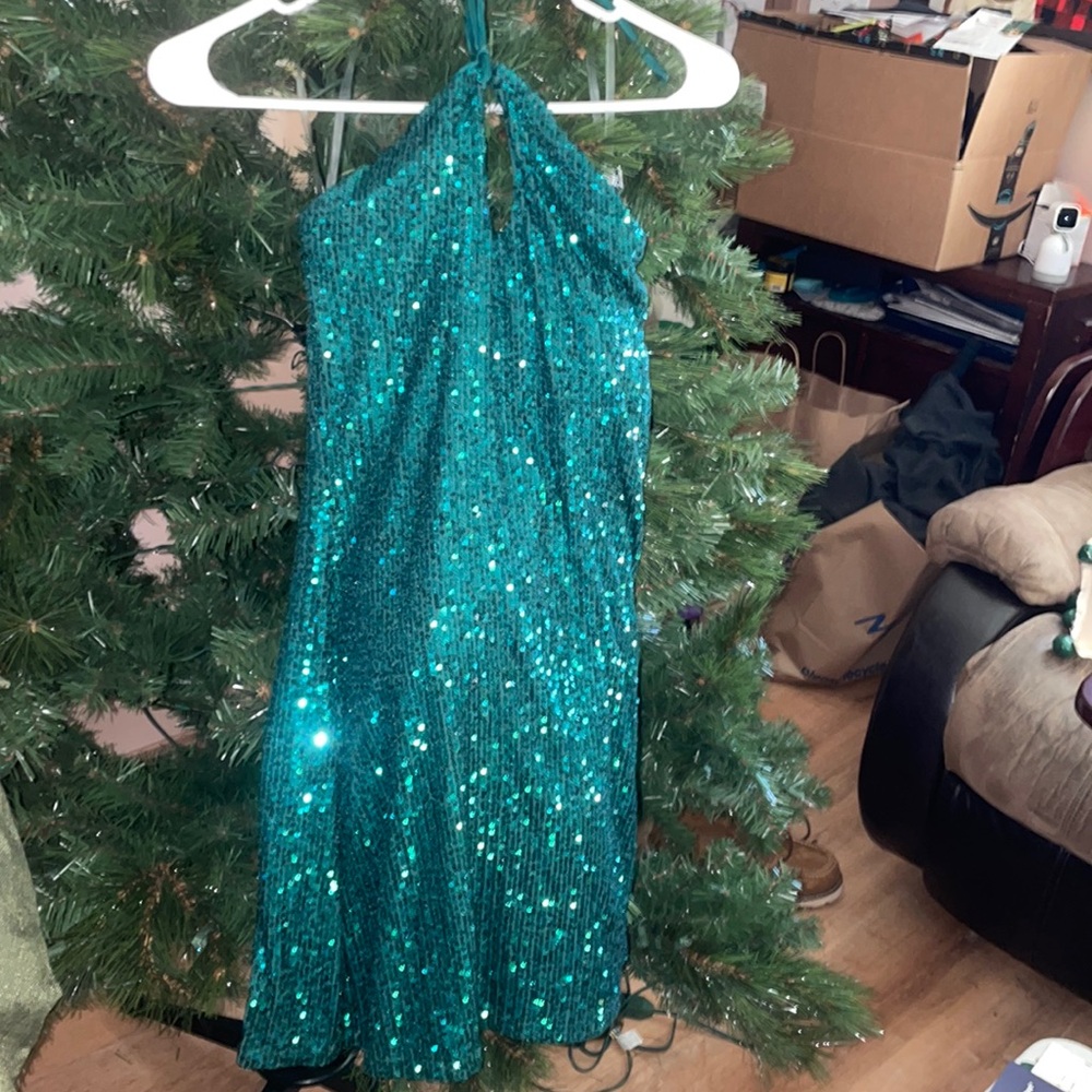 Holiday green sequin halter dress